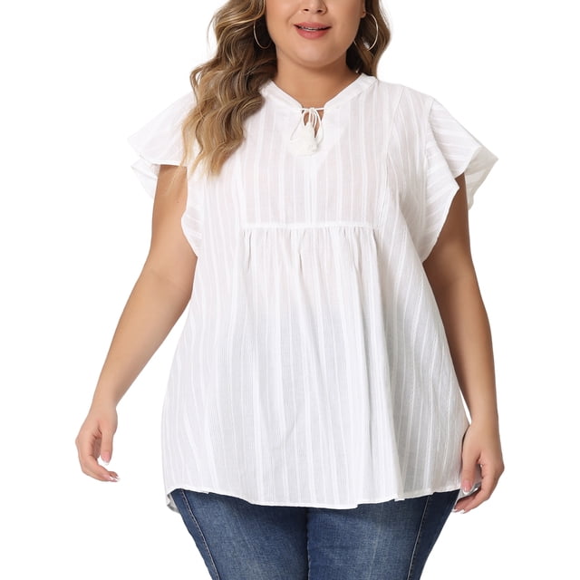 Agnes Orinda Blusa de Peplum para Mujer Talla Grande con Cuello en V y Volantes, Fluida, 1X, Blanca