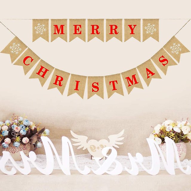 Banderines con letras de Feliz Navidad, decoración de pancartas, patrón de copos de nieve, arpillera de lino