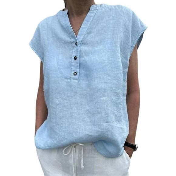 Femmes Henley bouton col en V T-shirt Chemise ample à manches courtes hauts T-shirt