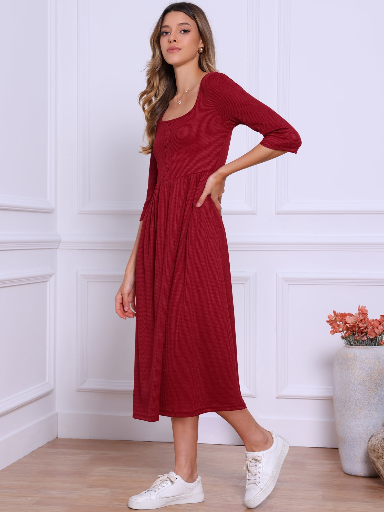 DARING DIVA Women's Casual Midi 3/4 Sleeves Square Neckline Dress M Dark Red