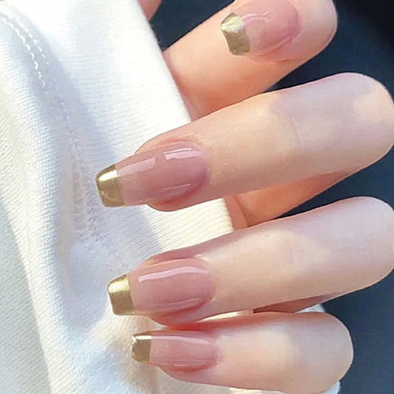 24pcs Press On False Nails Fake Nail Salon Full Cover Design for Women Girls Gift Coffin Nude Pink French Style Golden