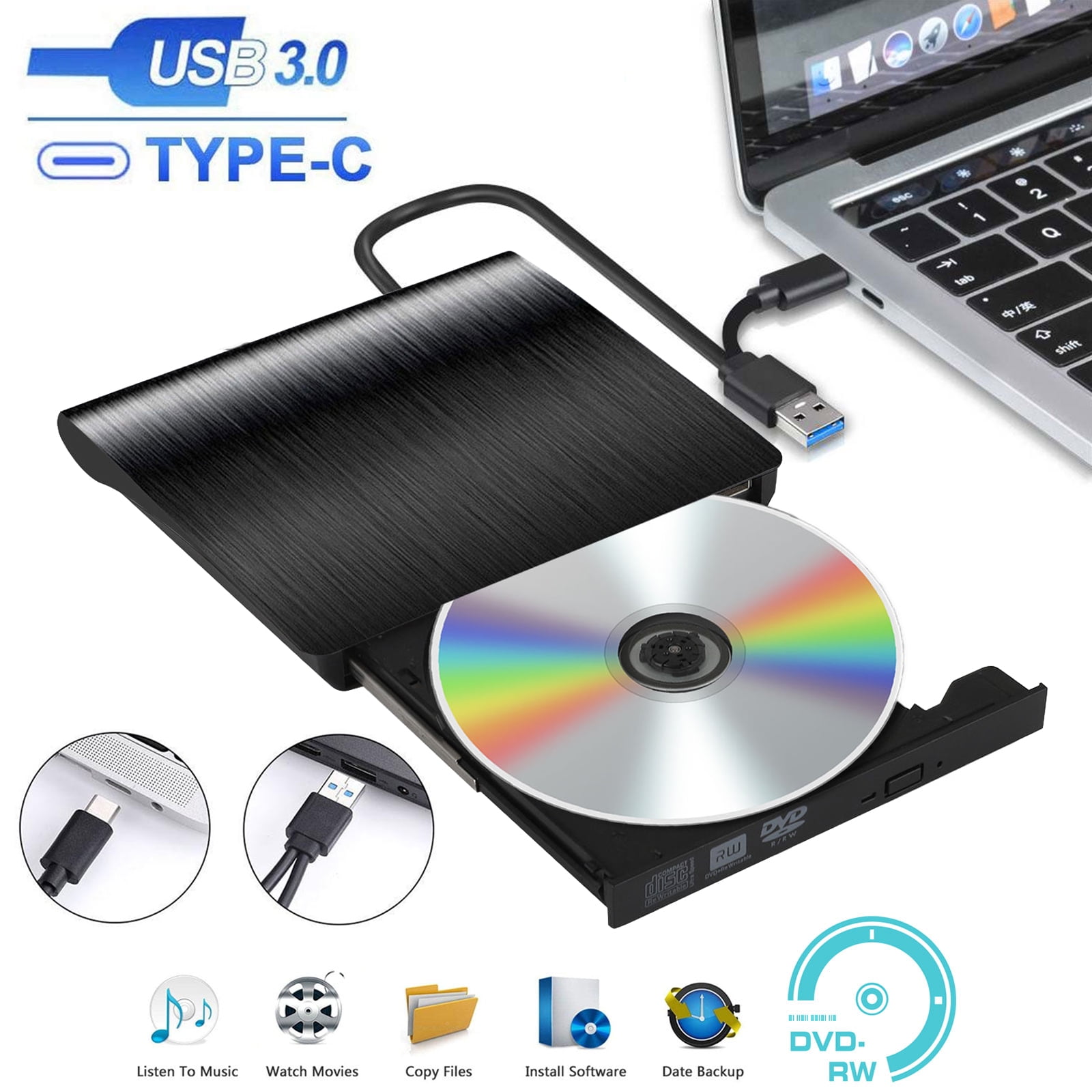 External CD DVD Drive for PC Laptop, DVD Player CD Burner Type C USB 3.