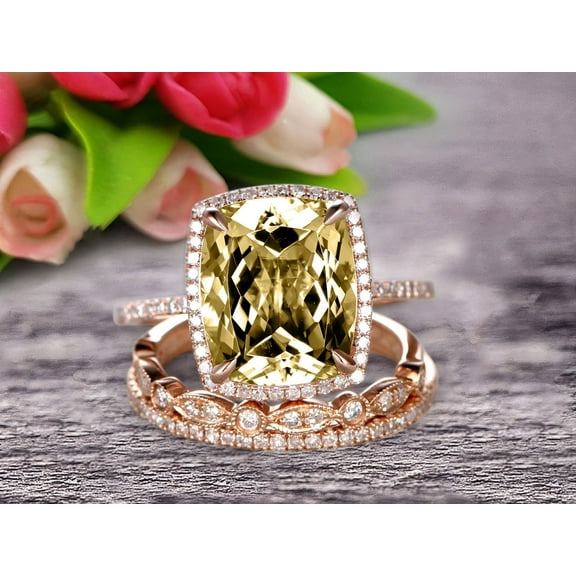 Milgrain Art Deco 3.05 Carat 7mm Cushion Cut Gemstone Champagne Diamond Moissanite Trio Set Wedding Ring Engagement Ring On 10k Rose Gold Anniversary Ring Surprisingly Ring