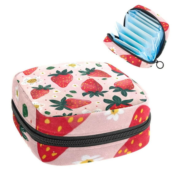 Sanitary Napkin Storage Bag for Girls Women, Portable First Period Pads Bag Tampons Holder Girls Travel Makeup Bag, Large Capacity Strawberries and Cute Flower on Pink Background