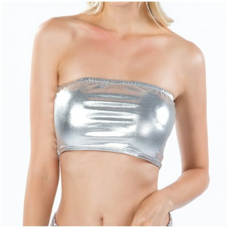 2DXuixsh Women Bandeau Bra Sexy Leather Tube Tops Going Out Party Clubwear Strapless Tank Bustier Corset Leather Solid Color Tube Top Shirt Performance Tops Silver Size Xl