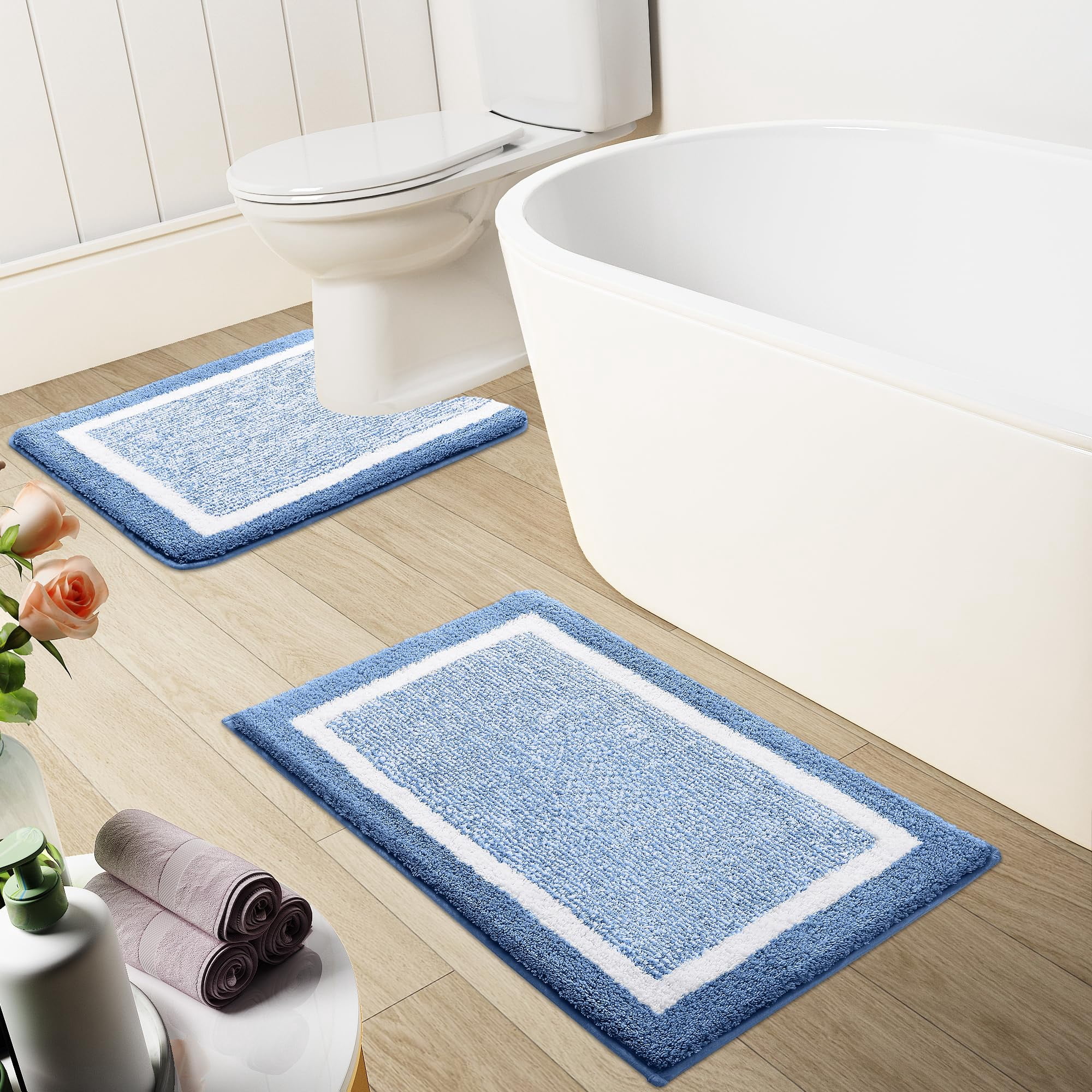 Smiry U-Shaped Luxury Bathroom Rugs, Ultra Soft and Absorbent Microfiber Contour Bath Rug, Non-Slip Machine Washable Toilet Rug, 24"x20", Blue and White