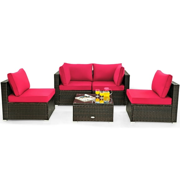 Patiojoy Ensemble de Mobilier de Patio en Rotin 5 Pcs Canapé et Fauteuils Rembourrés Ensemble Table Basse Assemblage Facile Rouge