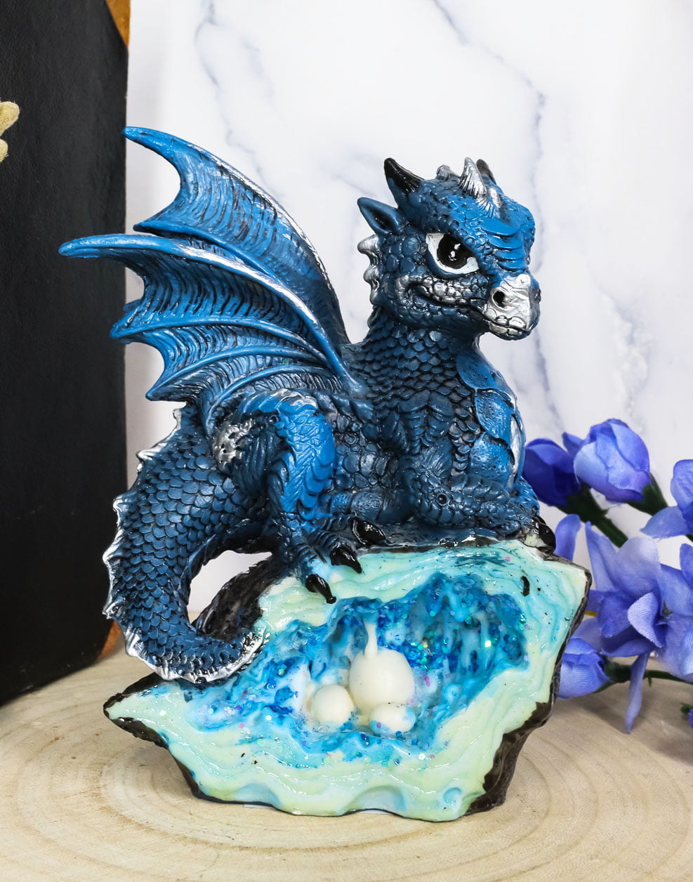 Blue Dragon with Crystal Egg Nest Medieval Fantasy Figurine Decoration New