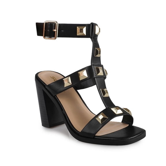 Women's Bold and Chic Gladiator Block Heel Sandals with Gold Square Studs