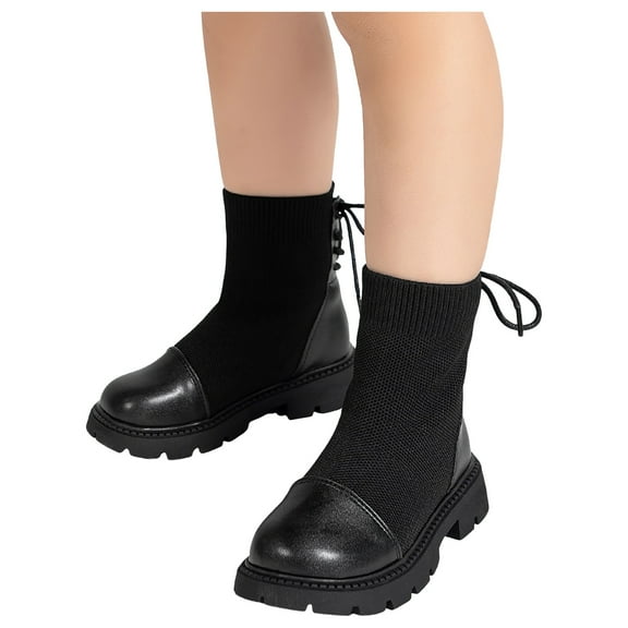 Girls Knitted Ankle Boots Lace up Stretch Sock Booties Chunky Lug Sole Low Heel High Top Chelsea Boots 12.5 Little Kid Black