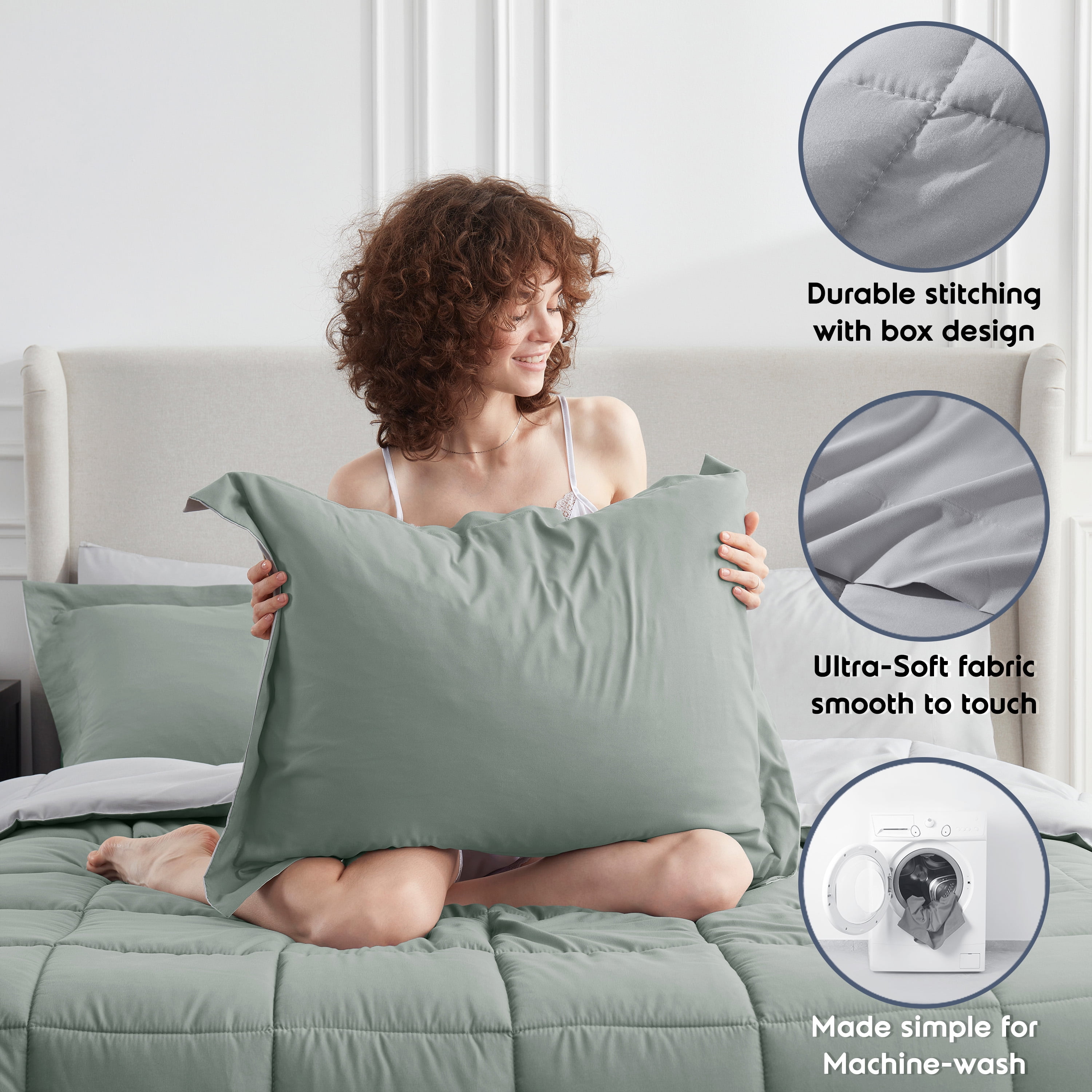 LammaLoe King Comforter Set, With King Sheets, Reversible Bed In A Bag 7 Piece, Bedding Set, Sage Green