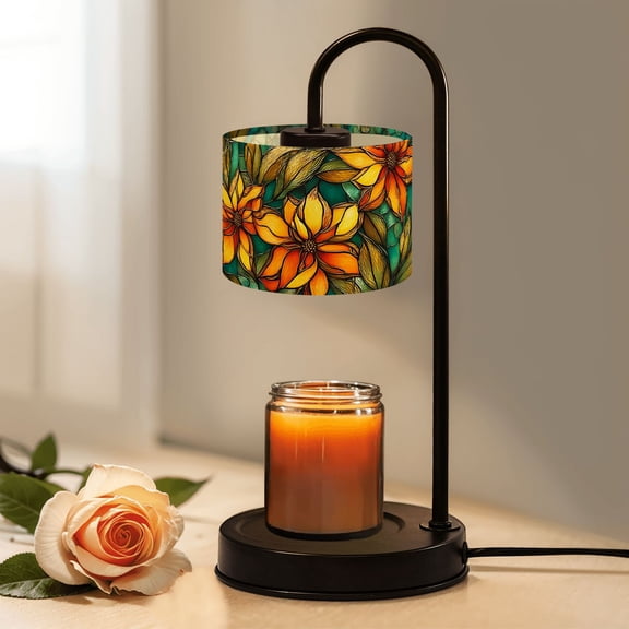 Candle Warmer Lamp with Timer Dimmer Stained Glass Floral Yellow Orange Flowers Candle Lamp Warmer for Jar Candle with 4 Bulbs Gifts for Women House Warming Gifts