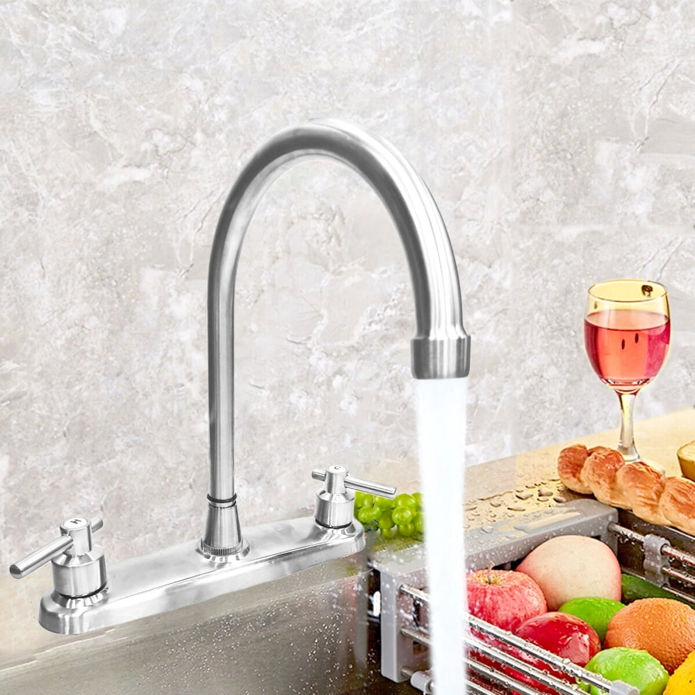 Kitchen Sink Faucet 2 Handle 8 Inch Centerset High Arc 360° Swivel Hot & Cold Faucet for Rv Camper Laundry Utility Bar Sinks Metallic RV Kitchen Faucet (Fit for 8 inch 2 or 3 Holes), Brushed Nickel