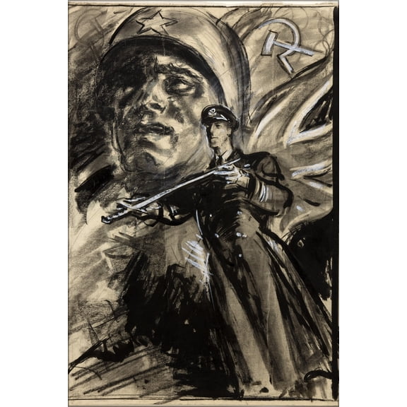 24"x36" Gallery Poster, INF3 339 Unity of Strength Officer presenting sword; head of Russian soldier with Red Flag and Union Jack