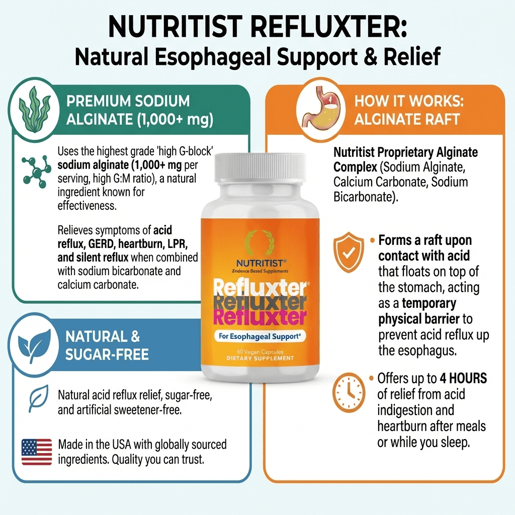 Nutritist Refluxter - Sodium Alginate Therapy for Acid Reflux, Heartburn, Gerd, Lpr, and Silent Reflux Relief. Zero Sugar and Preservatives. 60 Capsules.