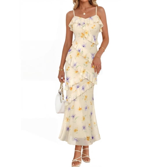 MEROKEETY Women's 2026 Spring Summer Floral Bodycon Maxi Dress, Beige, M