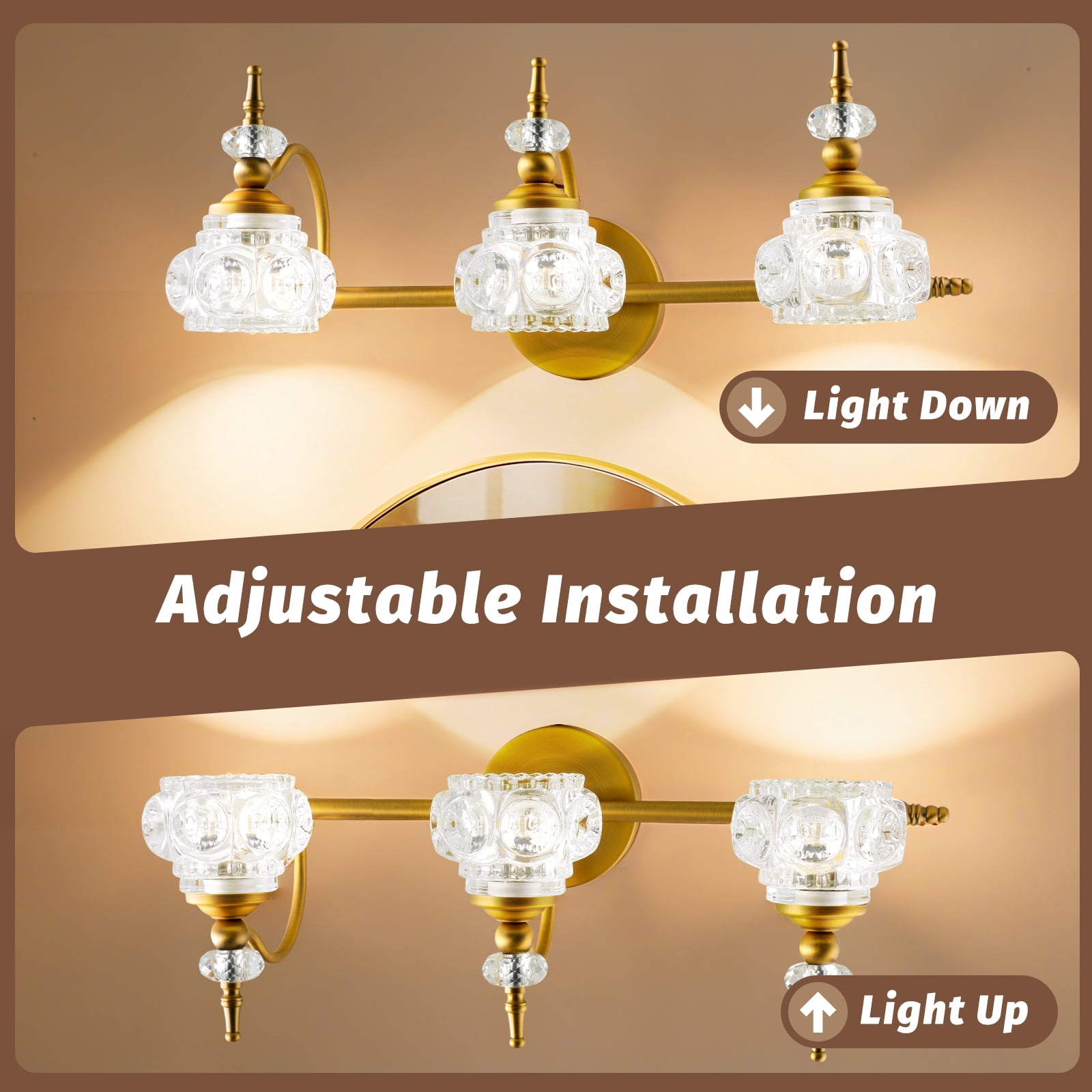 ROSYNEY 3-Light Vanity Light with Thick Crystal Glass Shade, Vintage Vanity Light, Vintage Bathroom Light Fixtures(Bronze), G9 Base