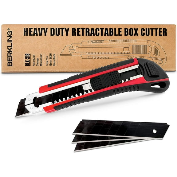 Berkling 18mm Retractable Utility Knife with 4x SK2H Snap Off Black Spare Blades, Durable Heavy Duty Aluminum Frame, Perfect for Box Cutter, Carpet Cutter, and Other Crafts & DIY Projects