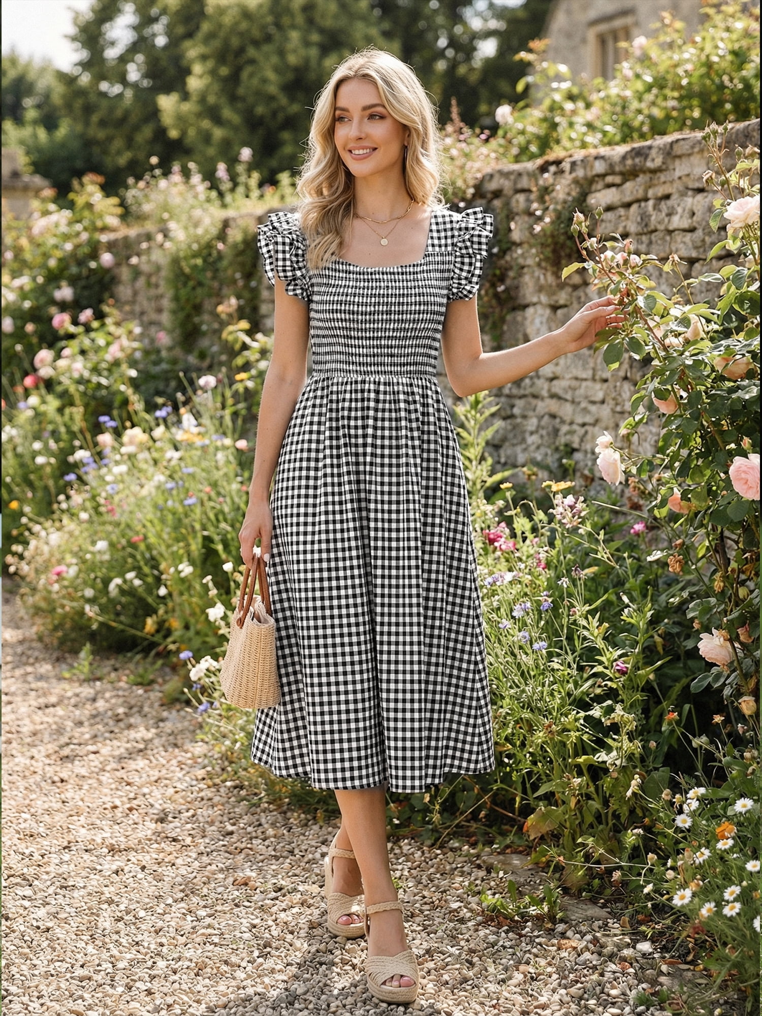 DARING DIVA Women's Gingham Sleeveless Summer Ruffle A-Line Casual Midi Dresses S Black