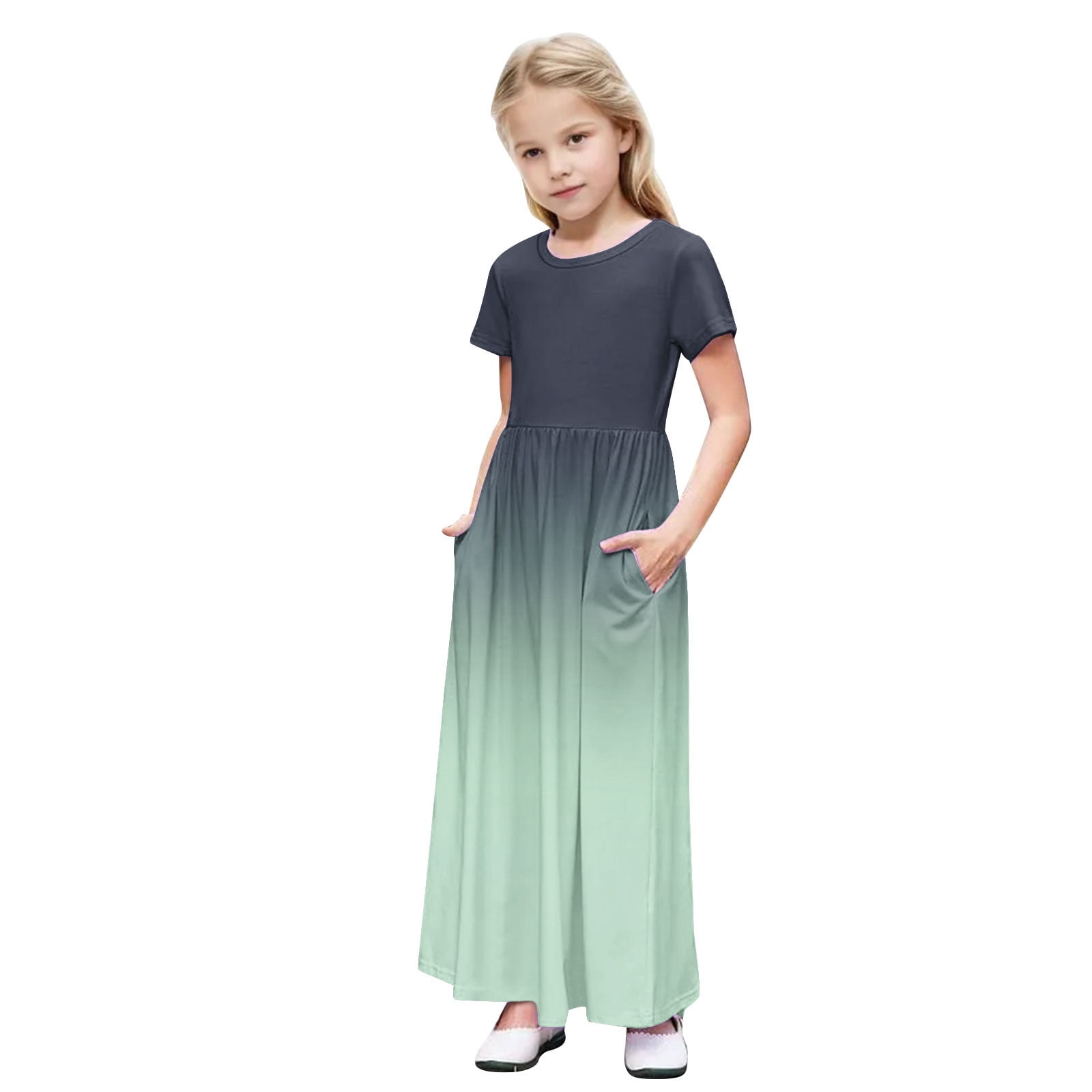 2 Pack Short Sleeve Dresses for Girls with Pockets 4-14Y Teens Kids Trendy Crew Neck High Waisted Gradient Printed Beach A-Line Maxi Dress