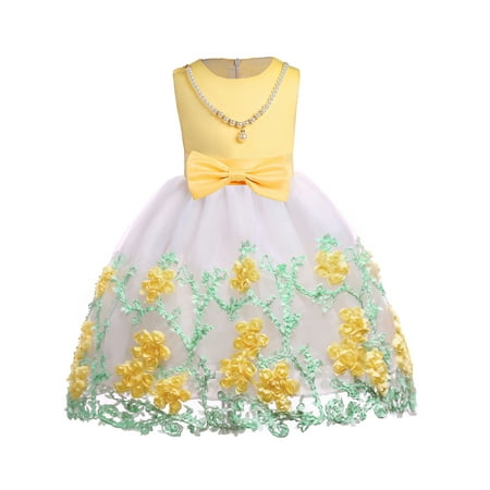 

MIKRDOO Princess Dress For 3T Toddler Girls Floral Print Embroidery Gauze Sleeveless Round Neck Bow Dress Princess One Piece Party Dress 3-4 Years Yellow