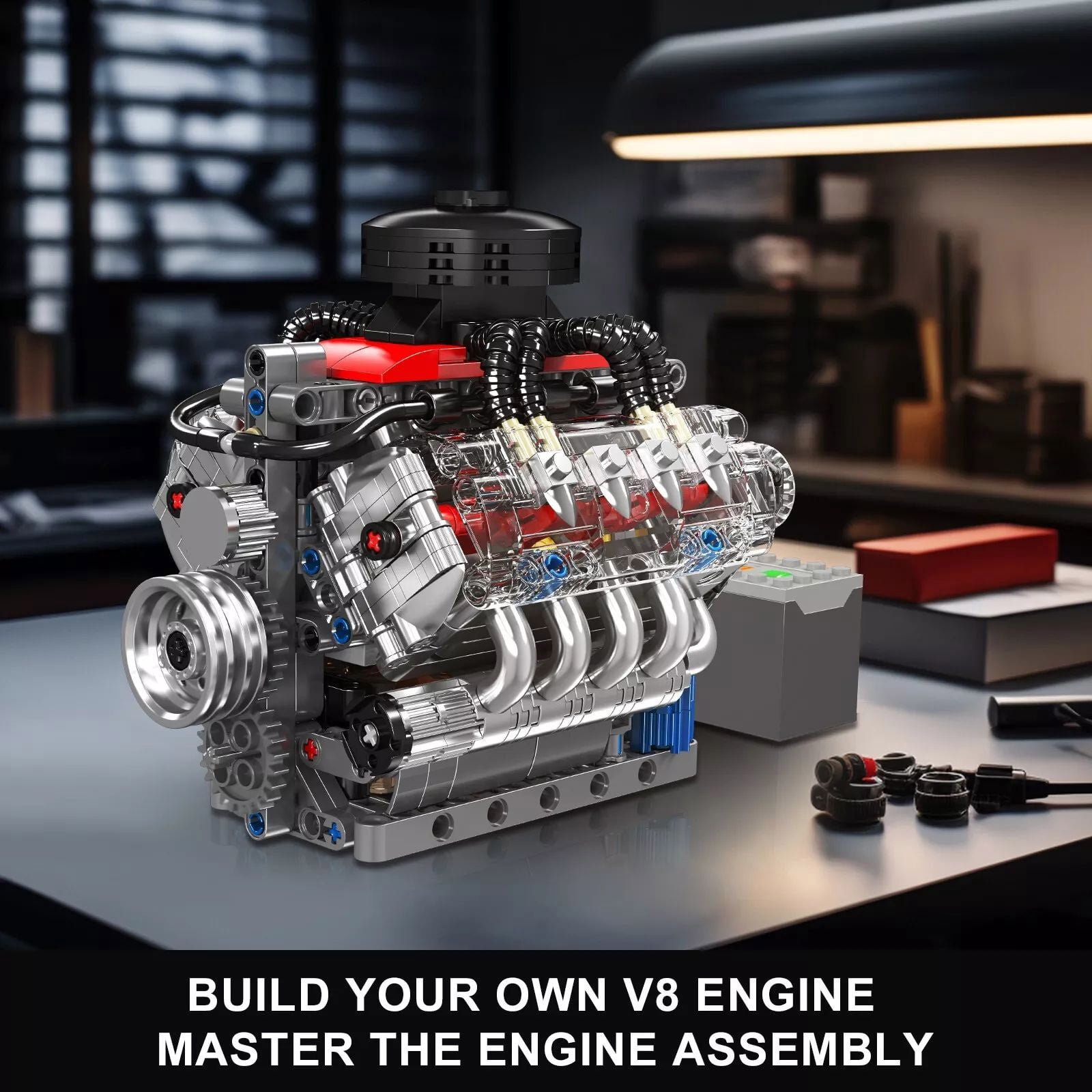 GUYUTING Building Block V8 Engine Motor Model Toy Kit Creative Construction 14+ Gift for Adults Teens ABS