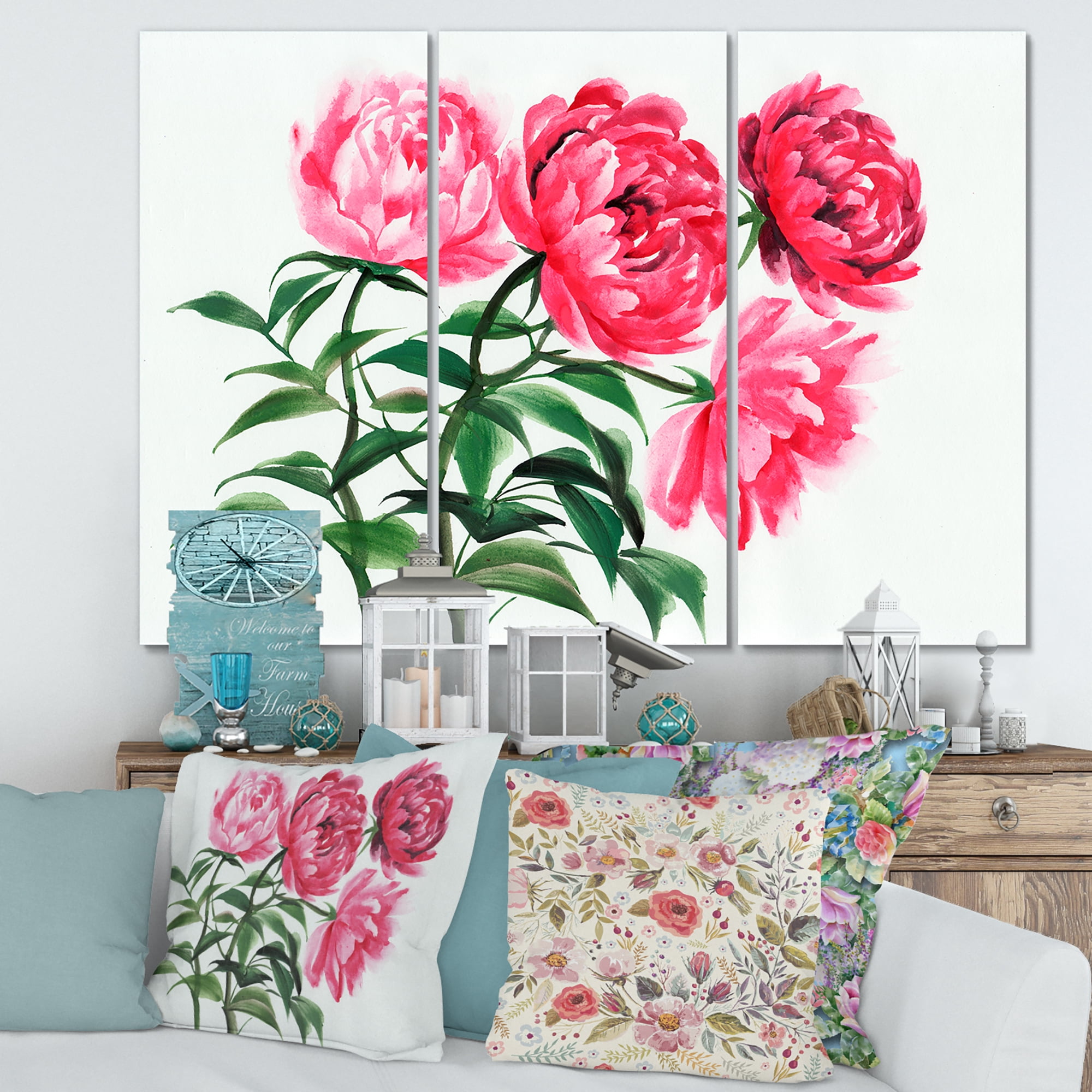 Designart ' Abstract Four Vintage Pink Peonies ' Traditional Canvas Wall Art Print