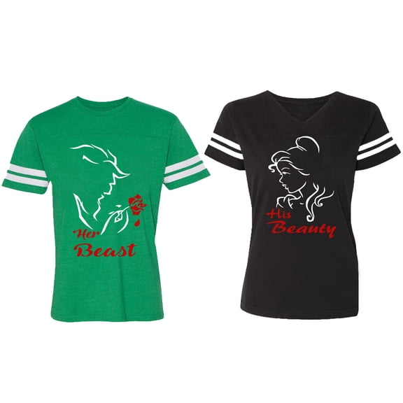 Her Beauty His Beast Matching Couple Cotton Jerseys (Men Green / Women Black) (Men S / Women S)