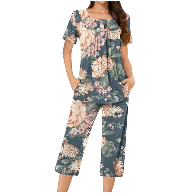 Sexy Pijama Conjunto para las Mujeres Cuello Redondo Blusa de Manga Corta Y Pantalones, Traje de Moda Casual para el Hogar Y Diario