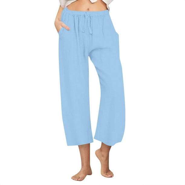 Pantalones de Cintura Elástica de Pierna Ancha para las Mujeres, Cordón de Lino Casual, Pantalones Recortados para las Mujeres