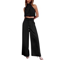 REORIAFEE Outfits for Women Sets Plus Size Casual Loose Fit Tracksuit Set Women 2 Piece Outfits Pants Sets Summer Halter Neck Cropped Tank Top Wide Leg Pants Tracksuit Suits Black XXL