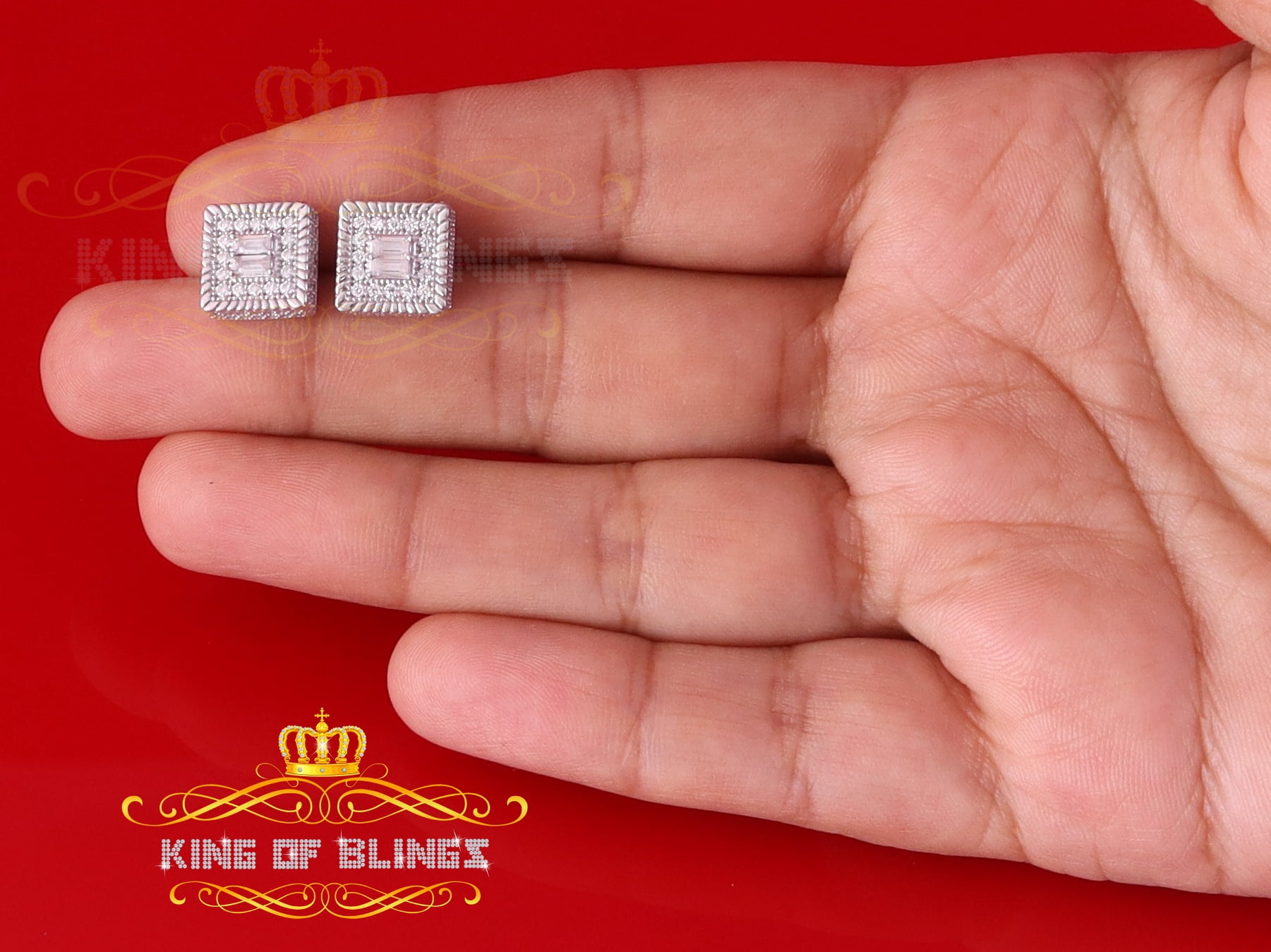 King of Bling's Men's/Women's 925 Silver White 1.00ct VVS 'D' Moissanite 3D Square Stud Earrings