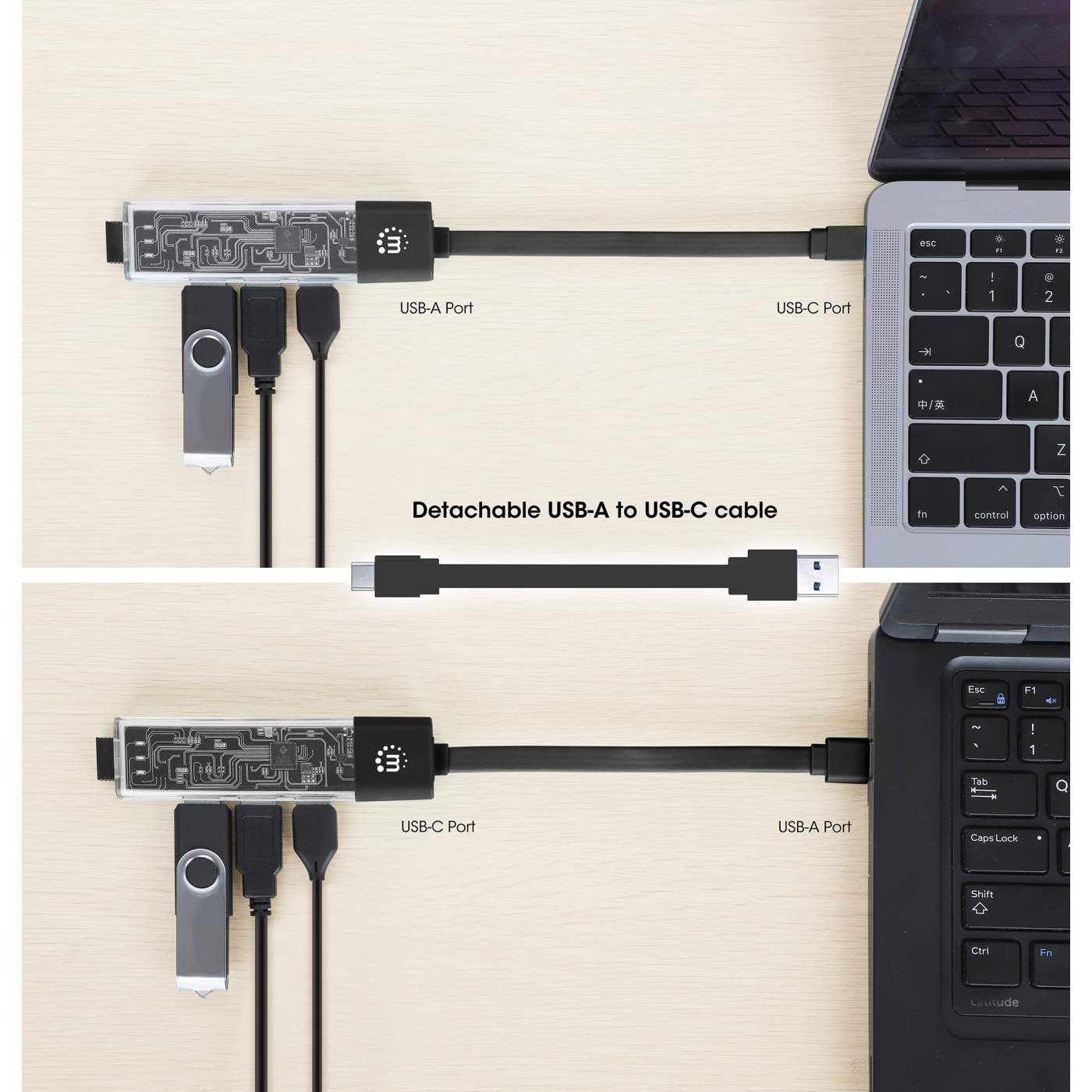 Manhattan Transparent 4-Port USB 3.0 Type-C / Type-A Combo Hub | Black