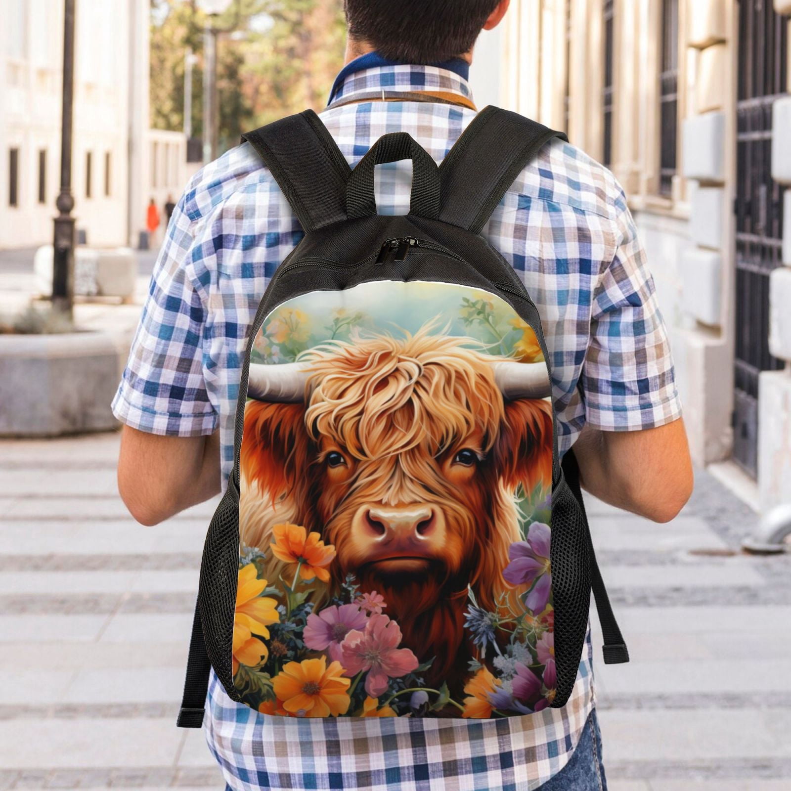 Horeoi Countryside Colorful Floral Cow Print Waterproof 600D Oxford Laptop Backpack for School Travel Work - Lightweight Durable Bag with Adjustable Straps