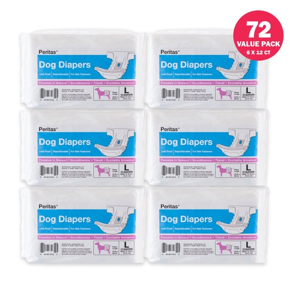 72ct Peritas Disposable Dog Diapers Female Large | Puppy, Doggie, Cat Diapers |Diapers for Dogs in Heat Period, Diapers that Stay on Bulk, Senior, Excitable Urination, or Incontinence (Large)