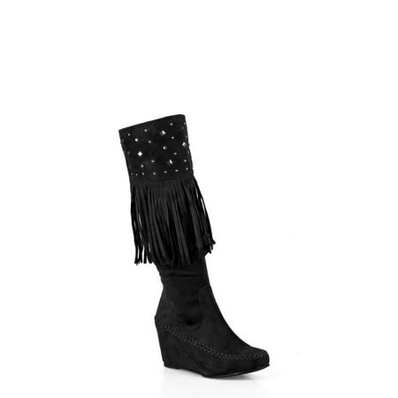 

Nature Breeze Fringe Women s Studded Moccasin Boots in Black
