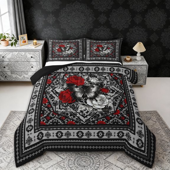 Erosebridal Chic Butterfly Full Size Comforter Sets, Bohemian Aztec Mandala Bedding Sets, Black Gray Red, Black Reversible 3 Pieces, 1 Comforter and 2 Pillowcases