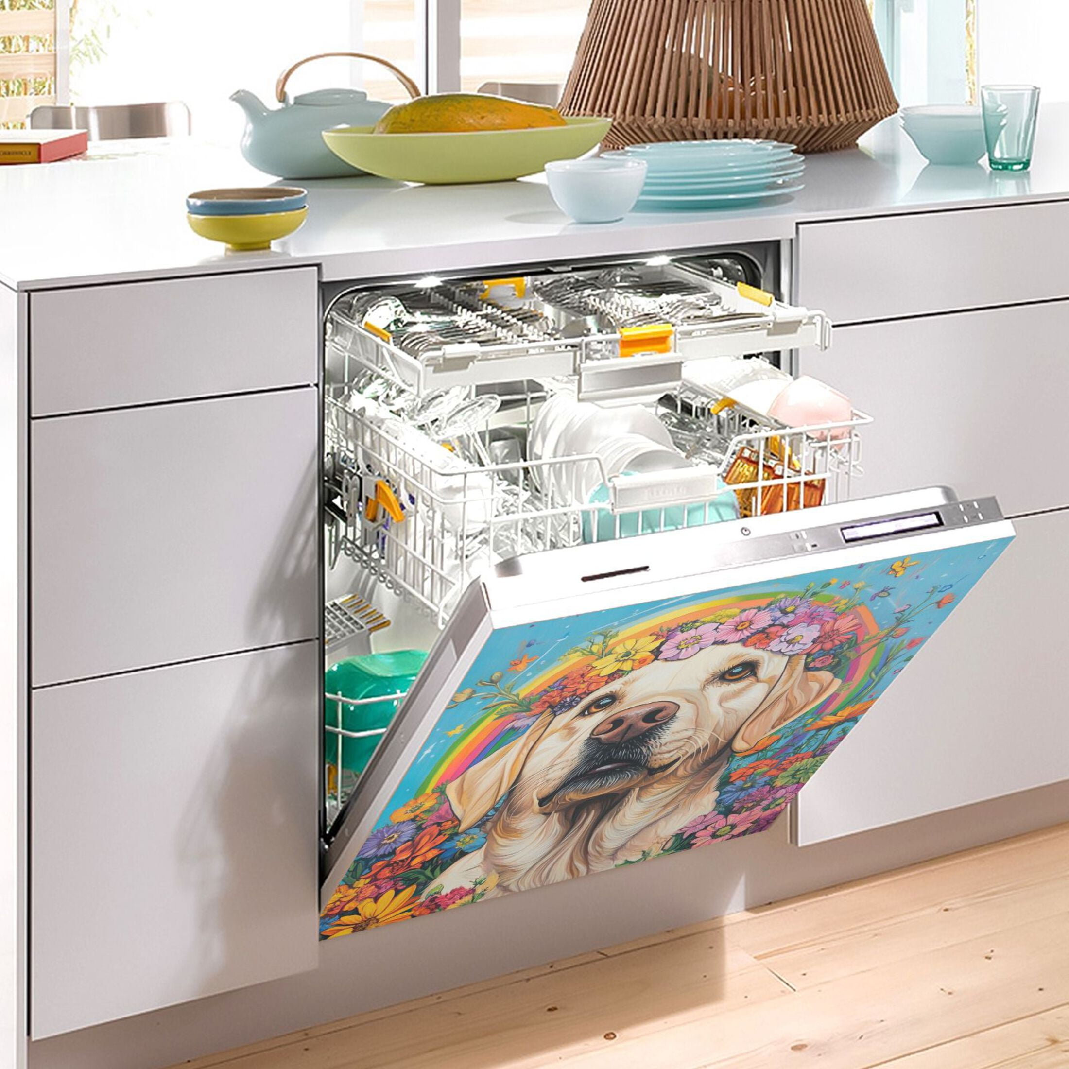 Dishwasher Magnetic Sticker 23x26 Inch Refrigerator Magnetic Sticker Washing Machine Magnetic Sticker Kitchen Panel Magnetic Sticker Home Decor Big Yellow Rainbow Dog