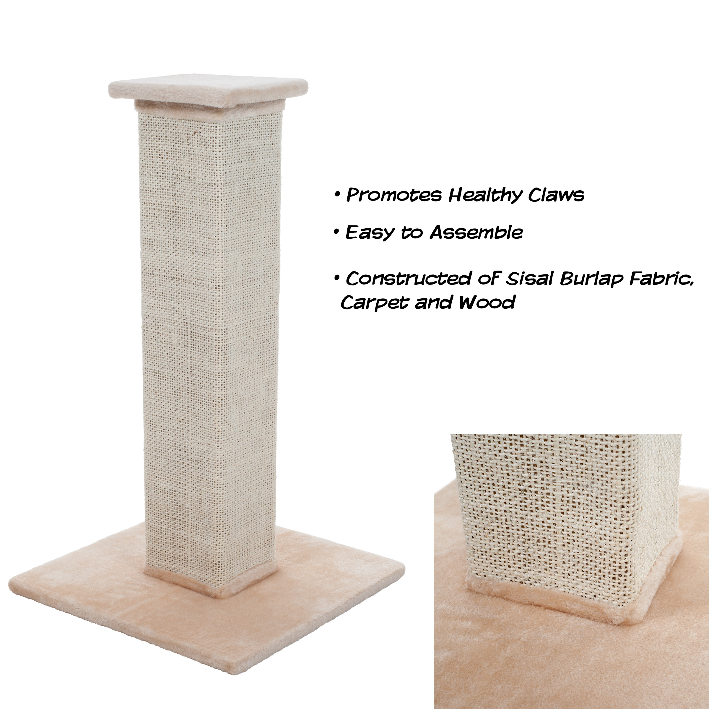 Indoor Cat Scratching Post with Carpeted Base - 27.75-Inch Beige Sisal Burlap Fabric by PETMAKER - image 3 of 7