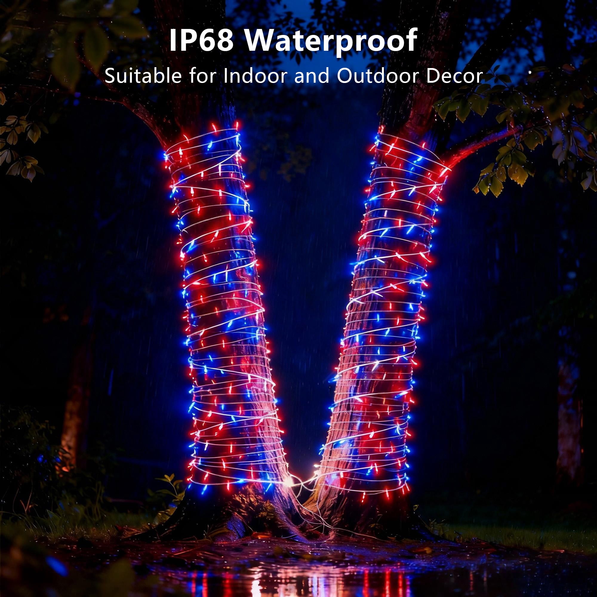 Beatineon 100LED Red White Blue String Lights IP68 Waterproof for 4th of July Outdoor Decor,25ft Patriotic Min Light, Plug in