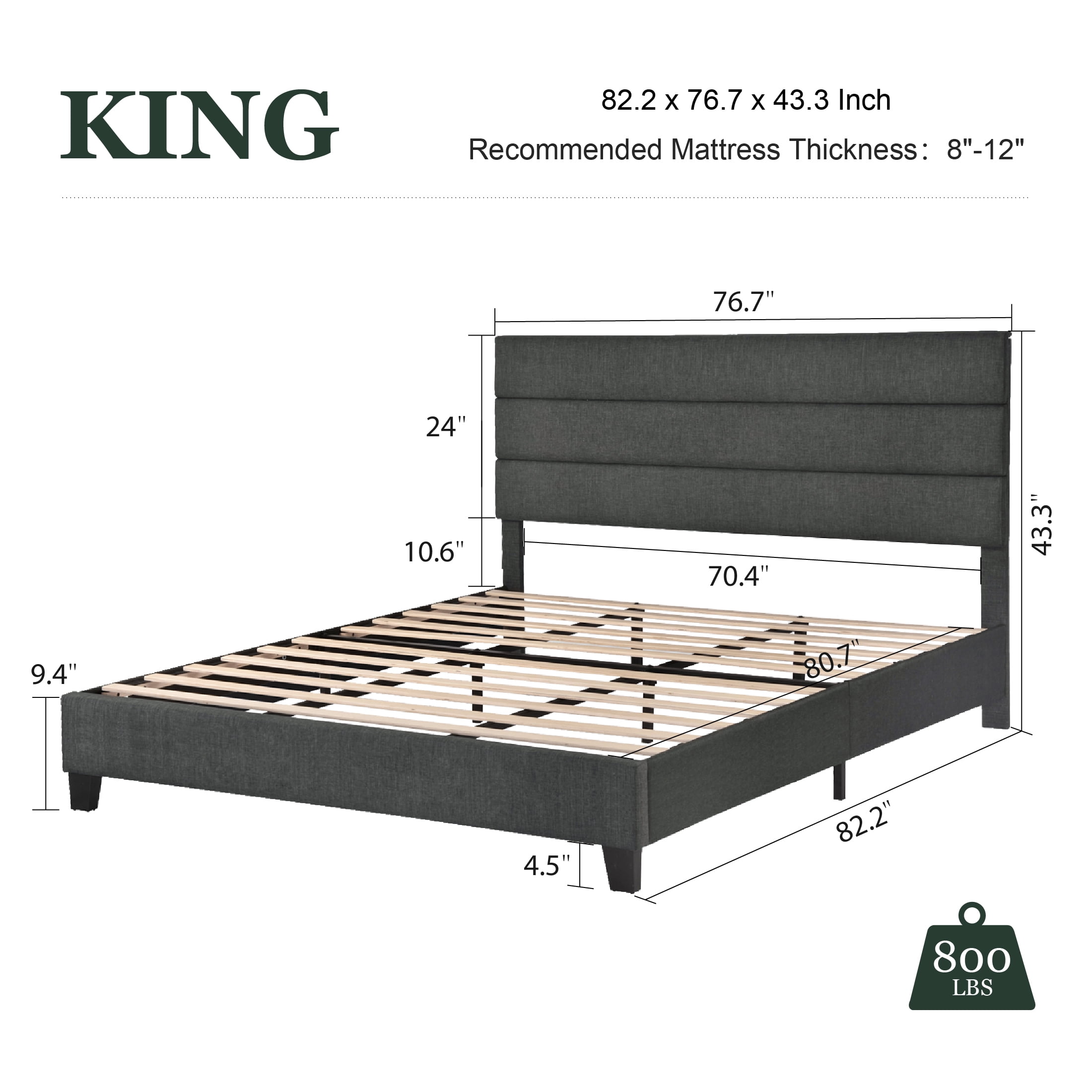 Amolife King Size Fabric Upholstered Platform Bed Frame with Headboard, Dark Grey