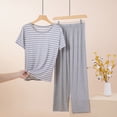 thumbnail image 2 of ManxiVoo Ladies Modal Sleepwear Set Soft Striped Short Sleeve Shirt and Lounge Pants for Home Comfort L Size Grey, 2 of 4