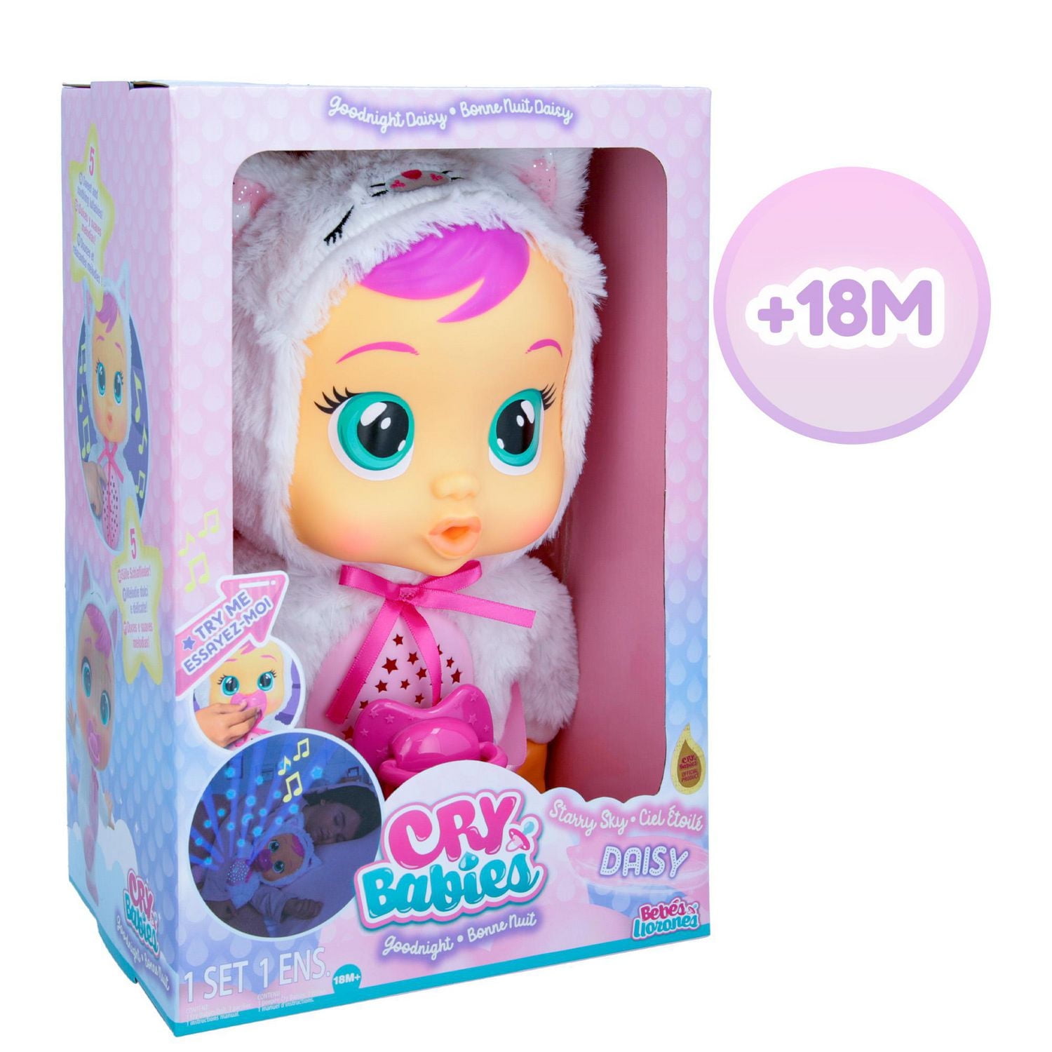 Cry Babies Goodnight Starry Sky Daisy - 12" Bedtime Baby Doll | Plays 5 Lullabies and Night Light Starry Sky Projection