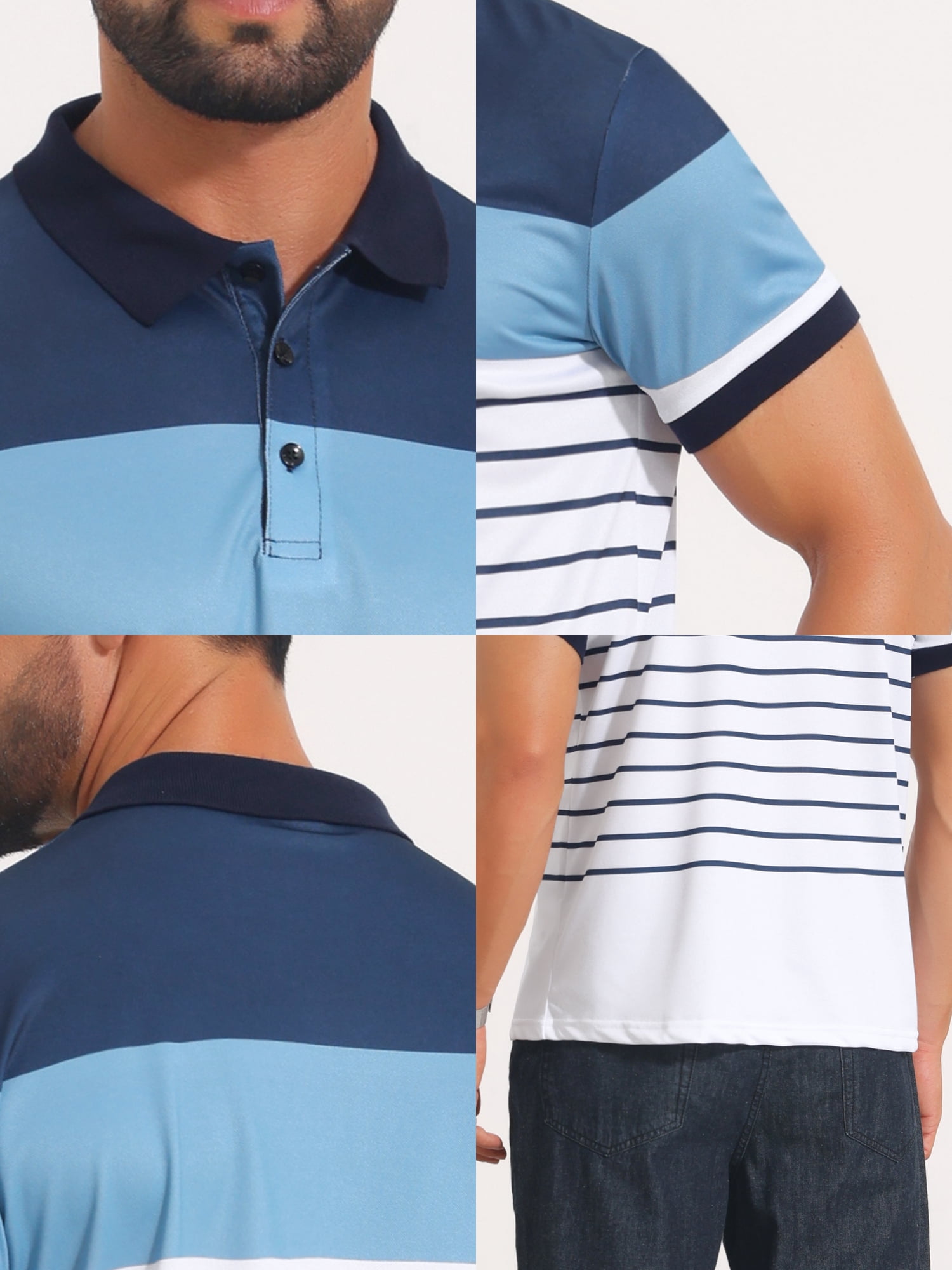 DARING DIVA Men's Colorblock Striped Short Sleeve Three Button Polo Shirts S Blue White