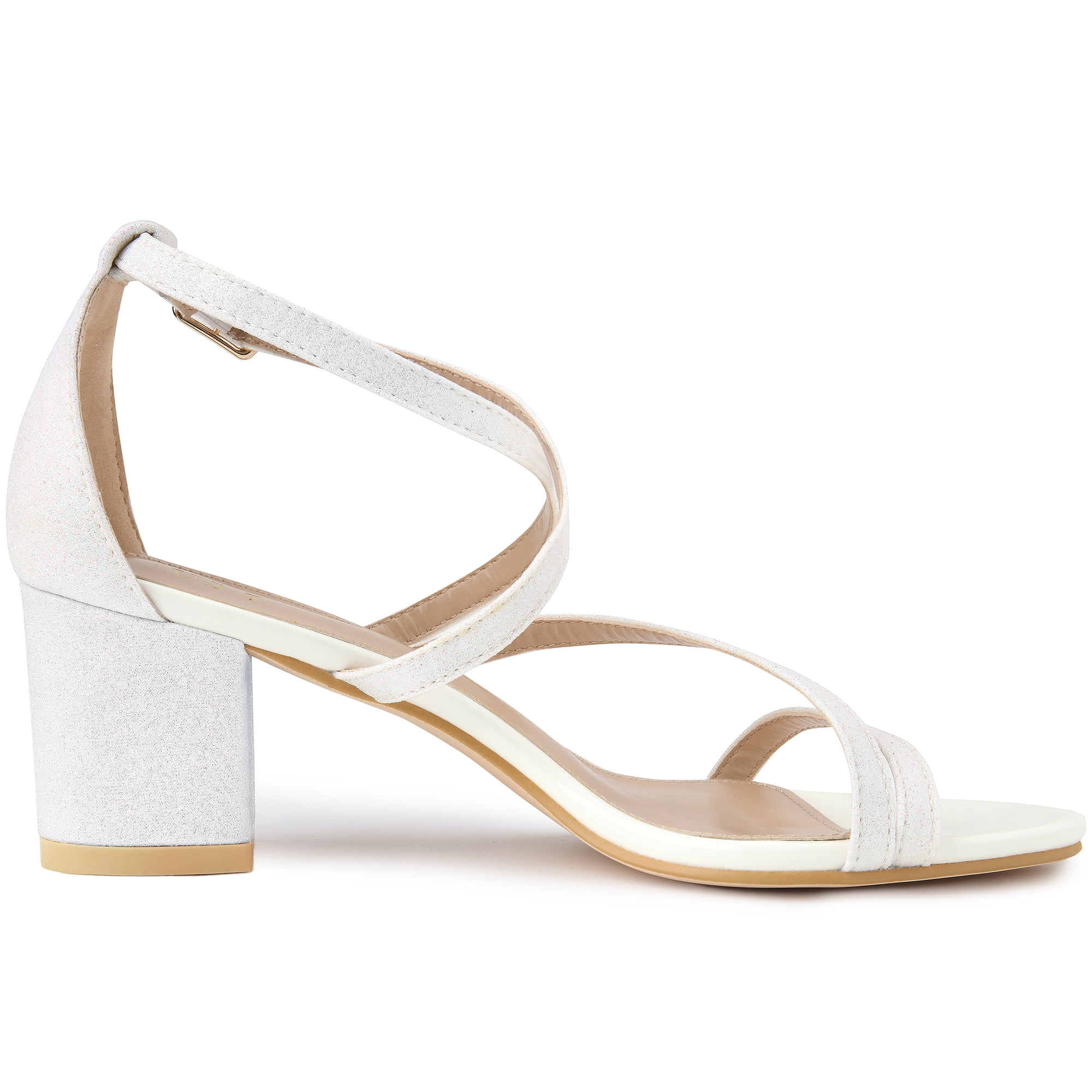 DARING DIVA Women's Glitter Crisscross Strap Chunky Heels Sandals White 8.5