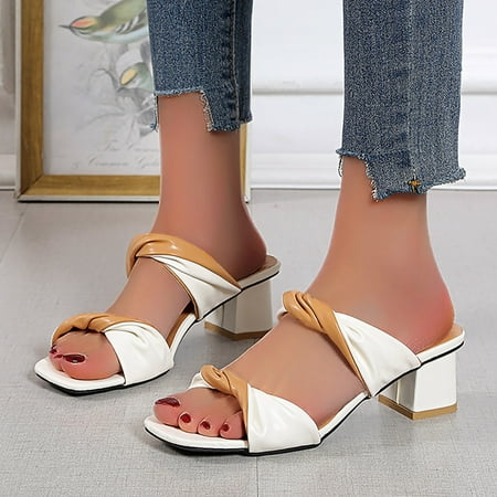 

Aayomet Beach Sandals for Women Ladies Summer Fashion Leather Non Slip Classic Square Head Outdoor Open Toe Wear Off Thick Heel White 8