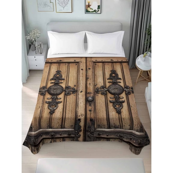 Farmhouse Brown Full Size Flat Sheet, Wrinkleproof & Fadeproof Cooling Flat Bed Sheet Only, Rustic Wooden Historical Barn Door Plank Breathable Soft Bedding Top Sheets 81 x 96 Inches