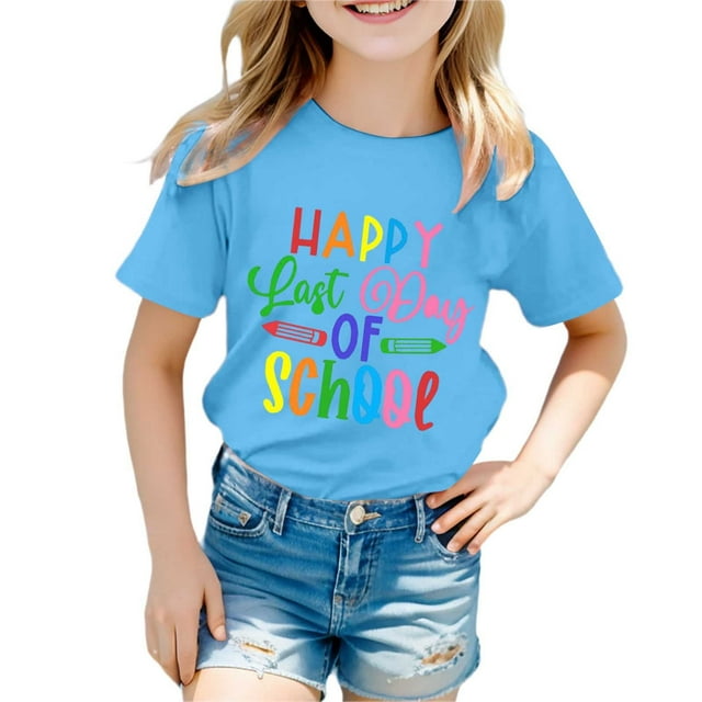 LUOGENLI T-Shirt pour Filles T-Shirt Imprimé à Col Rond à Manches Courtes pour Garçons et Filles Longues Chemises pour Filles Travail Bleu Ciel 6-7 Ans