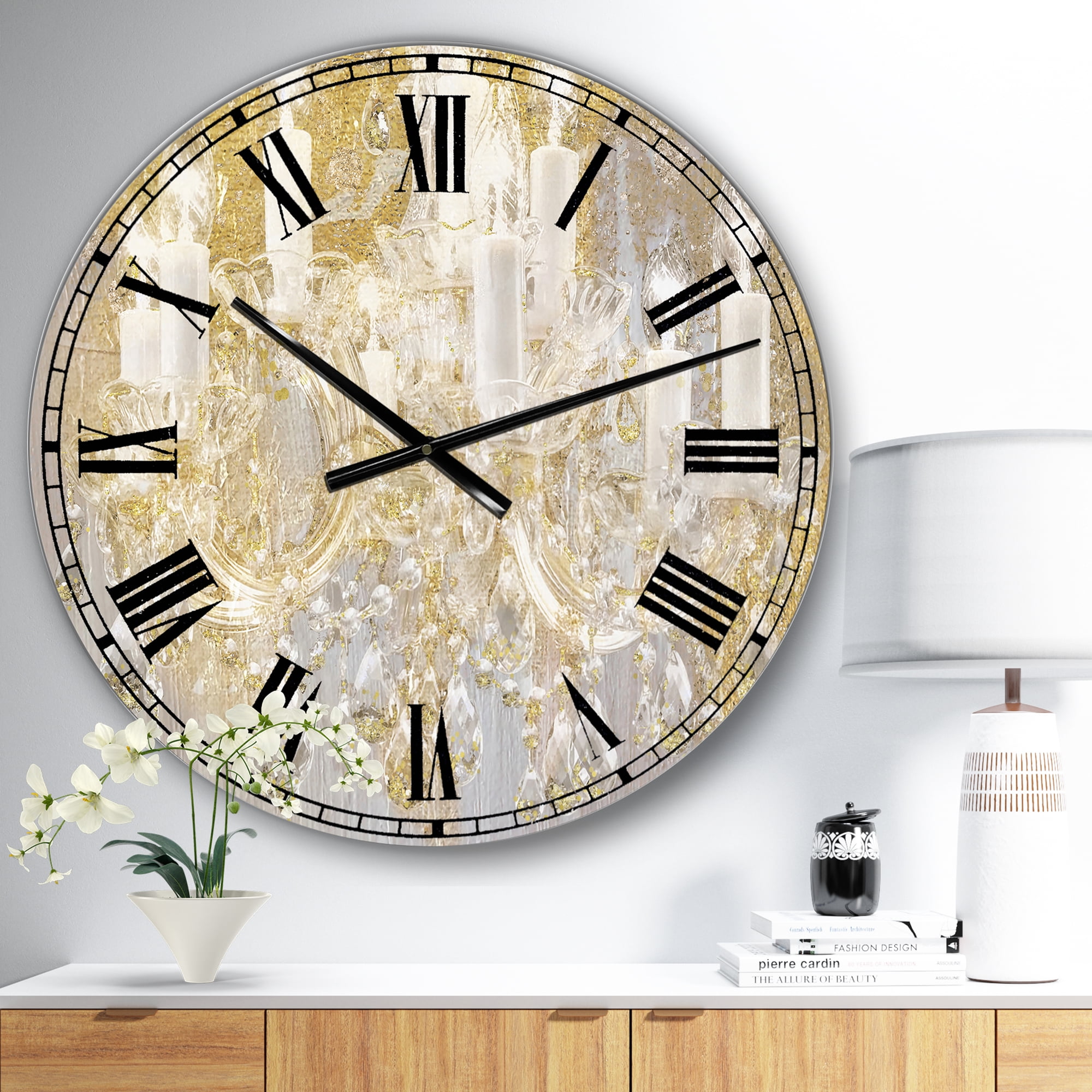 Designart Large Gold Analog Round Fashion Wall Clocks, CLM25984-C23
