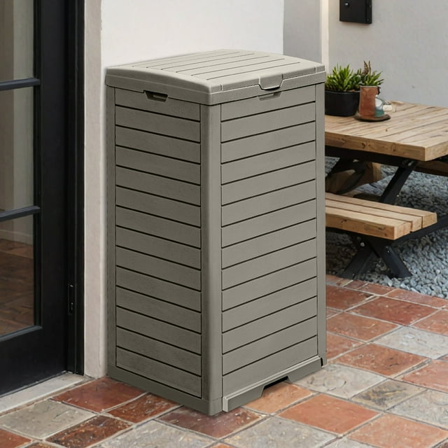 DEXTRUS 31 Gallon Outdoor Hideaway Trash Can with Lid & Drip Tray, Resin Garbage Bin, Weather-Resistant, Taupe